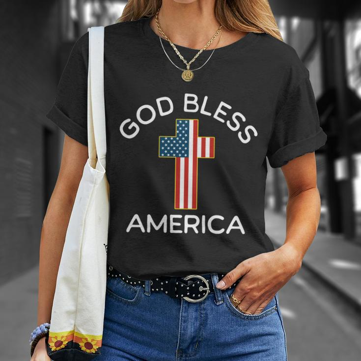 4Th Of July God Bless America Cross Flag Patriotic Religious Gift Unisex T-Shirt Gifts for Her