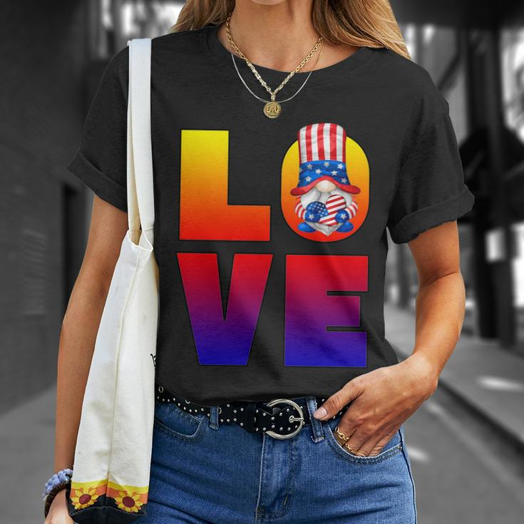 American Flag Gnome Shows Love Patriotic Heart 4Th Of July Gift Unisex T-Shirt Gifts for Her