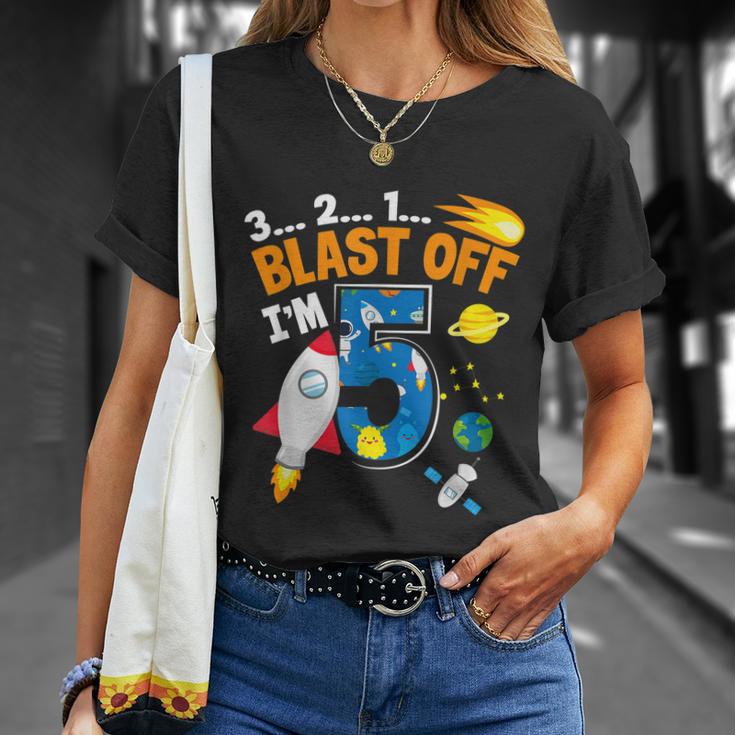 Blast Off Im 5 Funny Astronaut 5Th Birthday Space Costume Unisex T-Shirt Gifts for Her