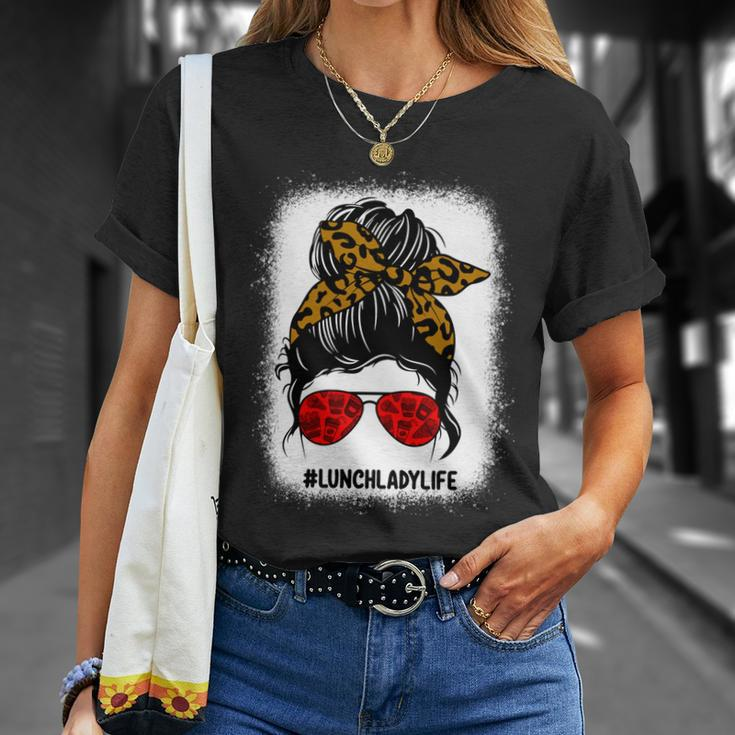 Bleached Lunch Lady Messy Bun Hair Leopard Print Sunglasses Cool Gift Unisex T-Shirt Gifts for Her