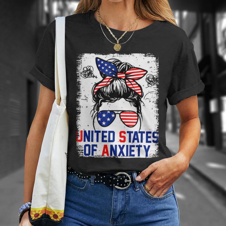 Bleached Messy Bun Funny Patriotic United States Anxiety Unisex T-Shirt Gifts for Her