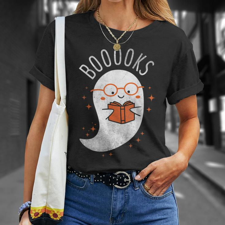 Booooks Ghost Funny Halloween Teacher Book Library Reading V3 Men Women T-shirt Graphic Print Casual Unisex Tee Gifts for Her
