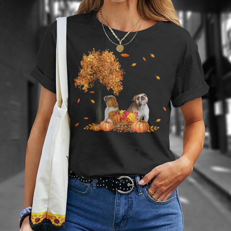 Bulldog Autumn Leaf Fall Dog Lover Thanksgiving Halloween Unisex T-Shirt Gifts for Her
