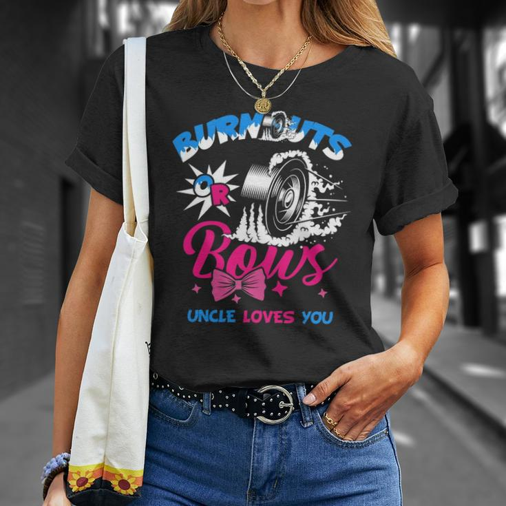 Burnouts Or Bows Gender Reveal Baby Party Announce Uncle Unisex T-Shirt Gifts for Her