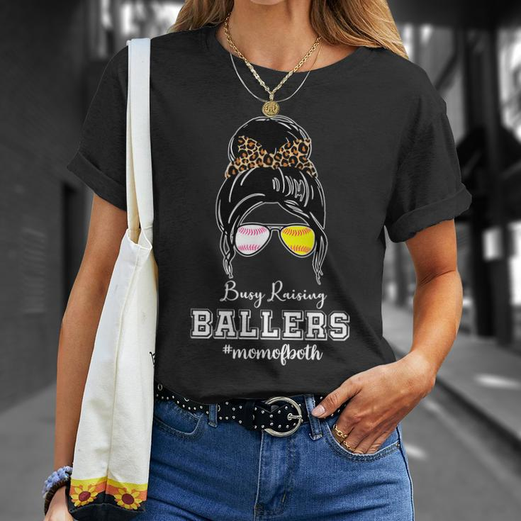 Busy Raising Ballers Mom Of Both Baseball Softball Messy Bun Sticker Features De Unisex T-Shirt Gifts for Her