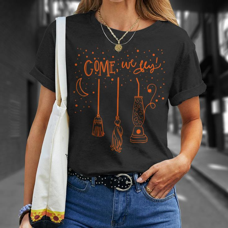 Come We Fly Basic Witch Broom Happy Halloween Unisex T-Shirt Gifts for Her