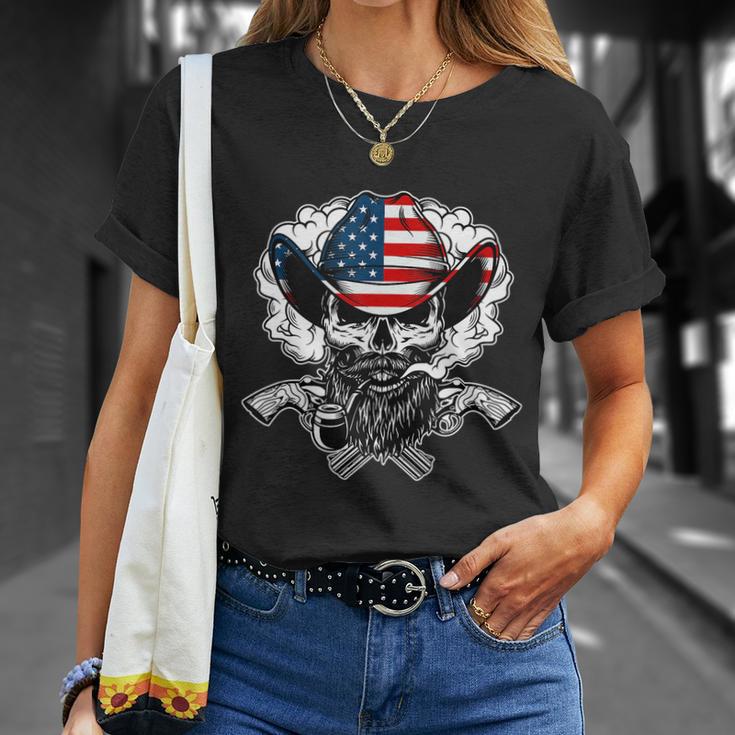 Cool Sugar Skull Cowboy Hat American Flag 4Th Of July Unisex T-Shirt Gifts for Her