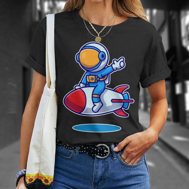 Cute Astronaut On Rocket Cartoon Unisex T-Shirt Gifts for Her