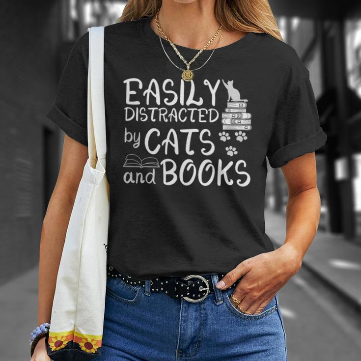 Easily Distracted By Cats And Books Funny Book Lover Unisex T-Shirt Gifts for Her