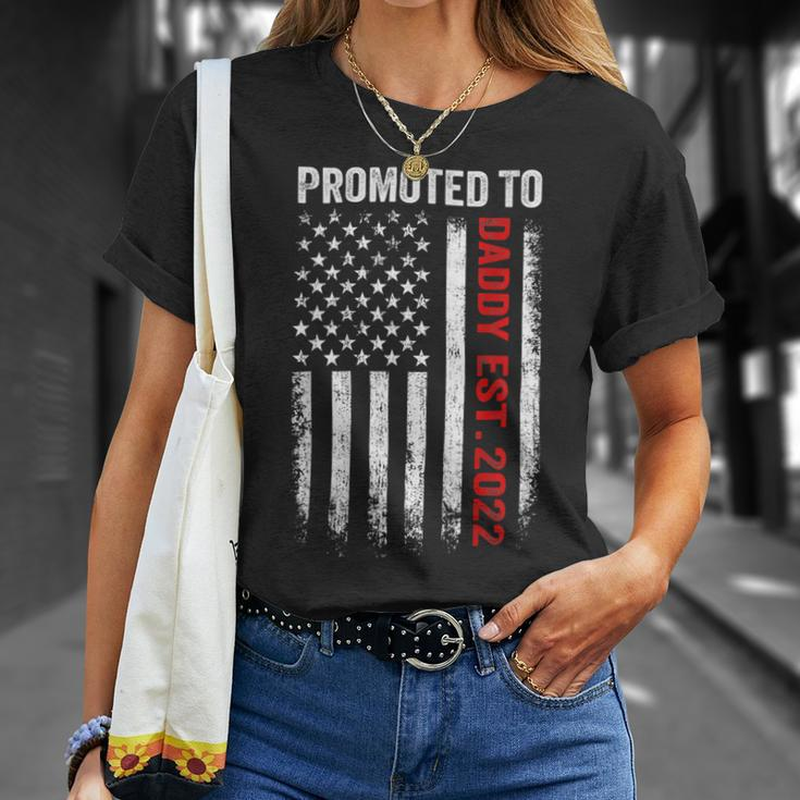 Firefighter Red Line Promoted To Daddy 2022 Firefighter Dad On Back Unisex T-Shirt Gifts for Her