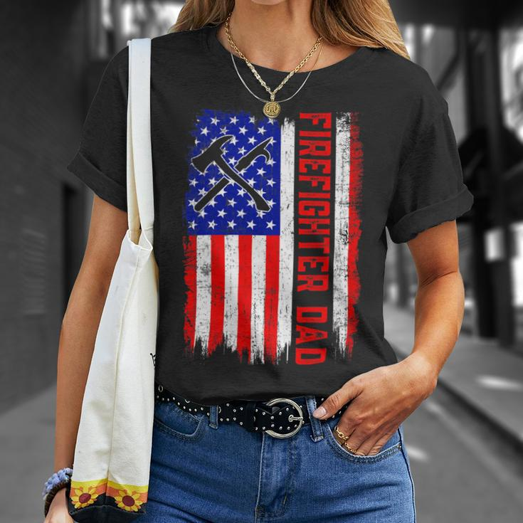 Firefighter Retro American Flag Firefighter Dad Jobs Fathers Day V3 Unisex T-Shirt Gifts for Her