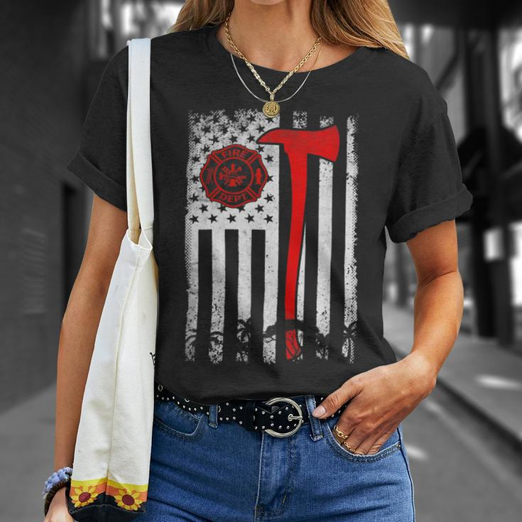 Firefighter Wildland Firefighter Axe American Flag Thin Red Line Fir Unisex T-Shirt Gifts for Her