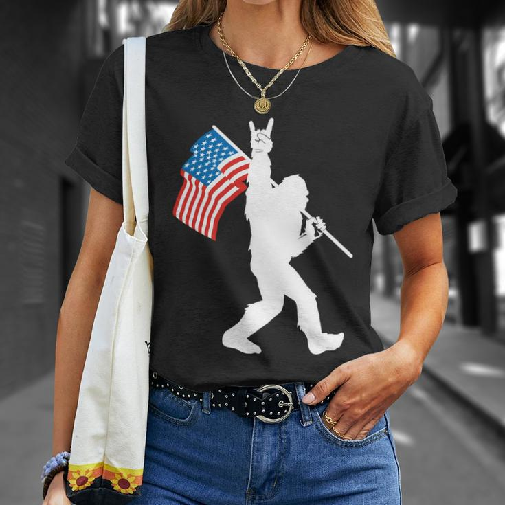 Funny Bigfoot 4Th Of July Rock And Roll Usa Flag For Sasquatch Believers Unisex T-Shirt Gifts for Her