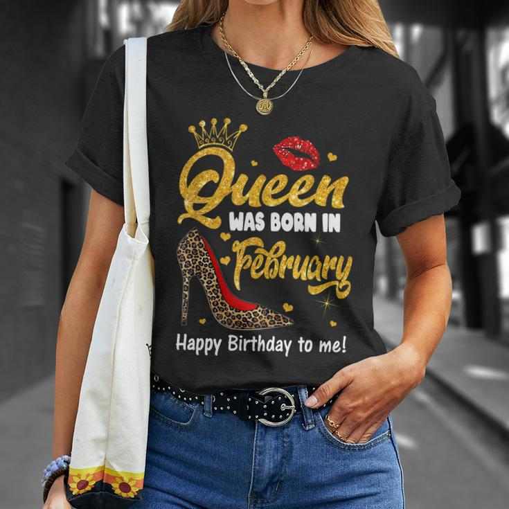 Funny Queen Was Born In February Happy Birthday To Me Leopard Shoe Gift Unisex T-Shirt Gifts for Her