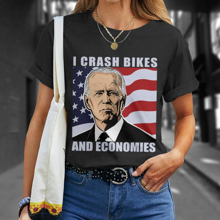 I Crash Bikes And Economies America Flag Funny Biden Unisex T-Shirt Gifts for Her