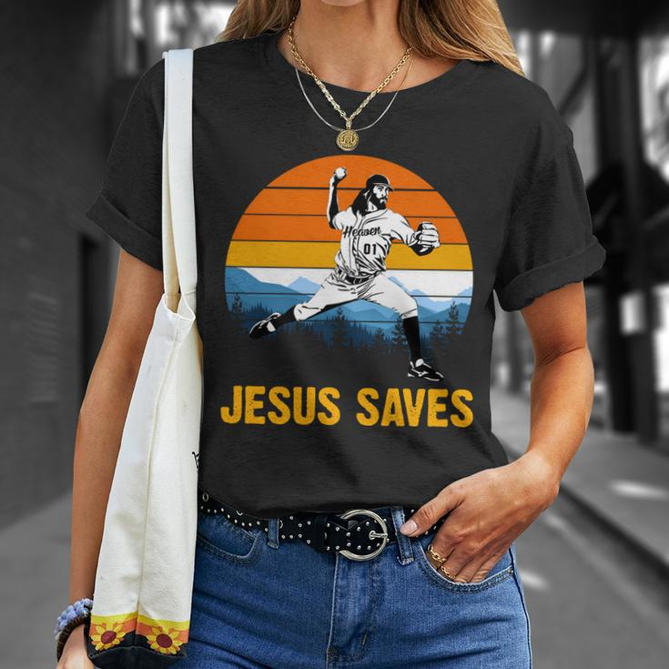 Jesus Saves Retro Baseball Pitcher Unisex T-Shirt Gifts for Her