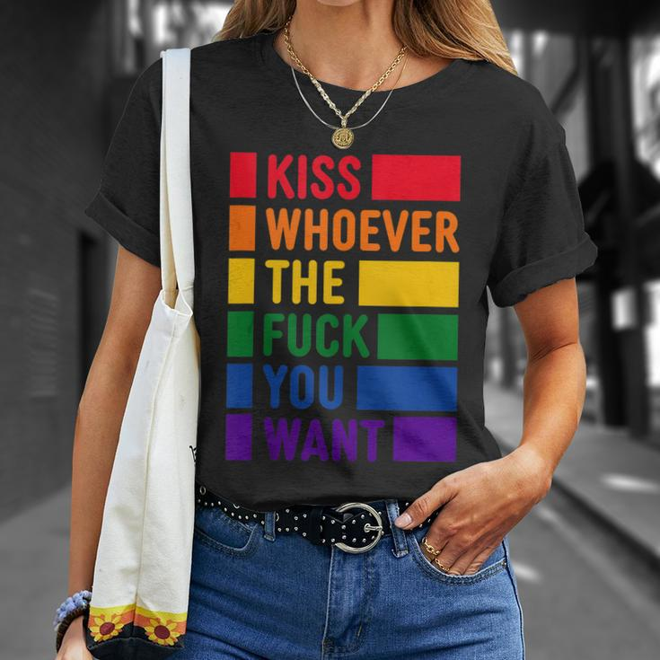 Kiss Whoever The Fuck You Want Lgbt Rainbow Pride Flag Unisex T-Shirt Gifts for Her