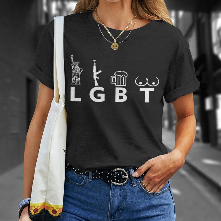 Lgtb Lady Liberty Guns Beer Tits Funny Tshirt Unisex T-Shirt Gifts for Her