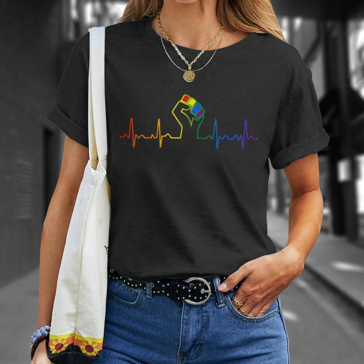 Lovely Lgbt Gay Pride Power Fist Heartbeat Lgbtq Lesbian Gay Meaningful Gift Unisex T-Shirt Gifts for Her