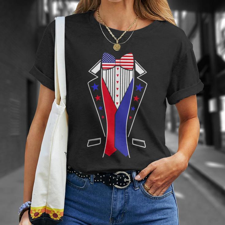 Mens 4Th Of July Tuxedo Costume Bow Tie American Flag Usa Unisex T-Shirt Gifts for Her