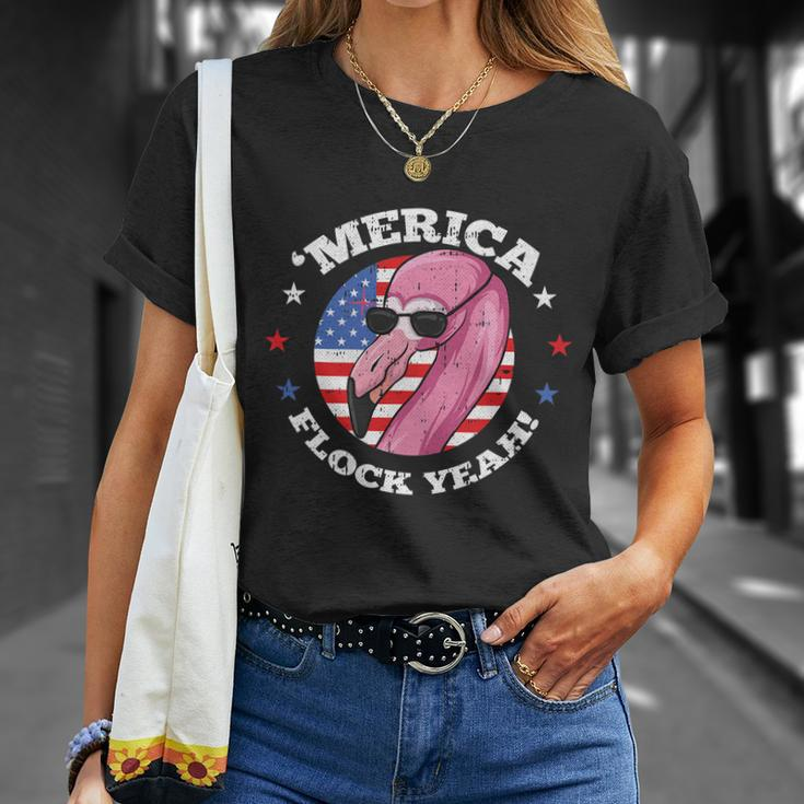 Merica 4Th Of July Flamingo Flock Patriotic American Flag Unisex T-Shirt Gifts for Her
