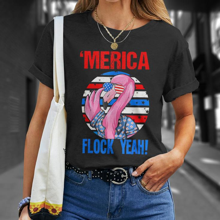 Merica Flock Yeah 4Th July Funny Patriotic Flamingo Unisex T-Shirt Gifts for Her