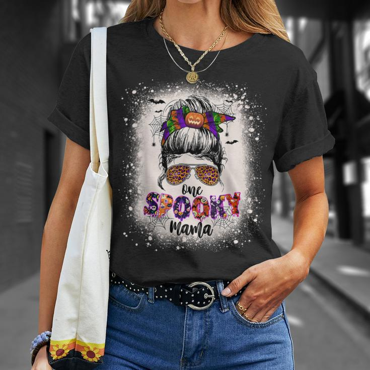 One Spooky Mama Mommy Halloween Mom Life Messy Bun Bleached Unisex T-Shirt Gifts for Her