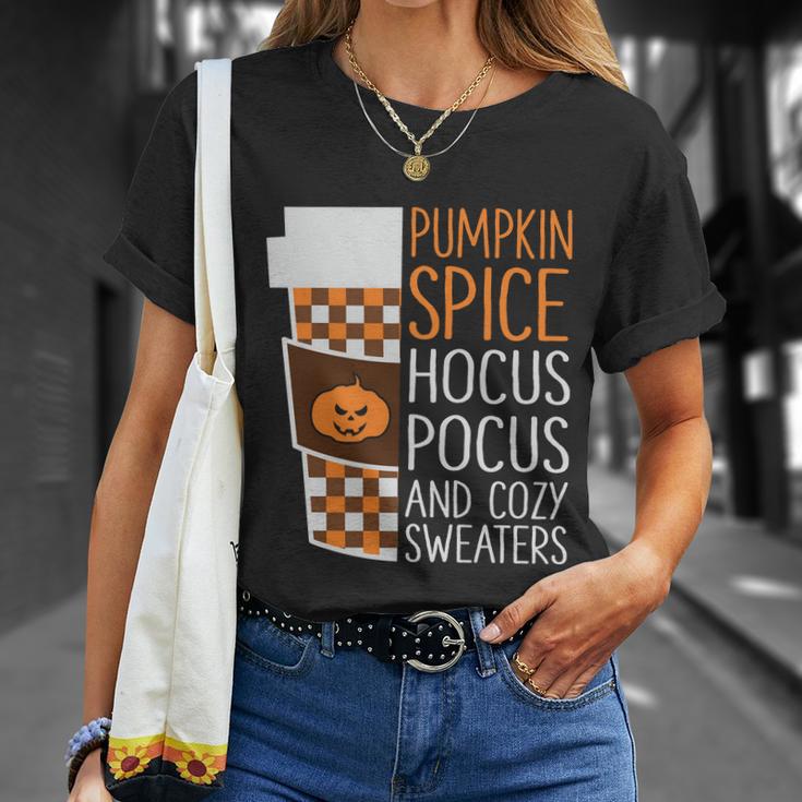 Pumpkin Spice Hocus Pocus And Cozy Sweaters Halloween Quote Unisex T-Shirt Gifts for Her