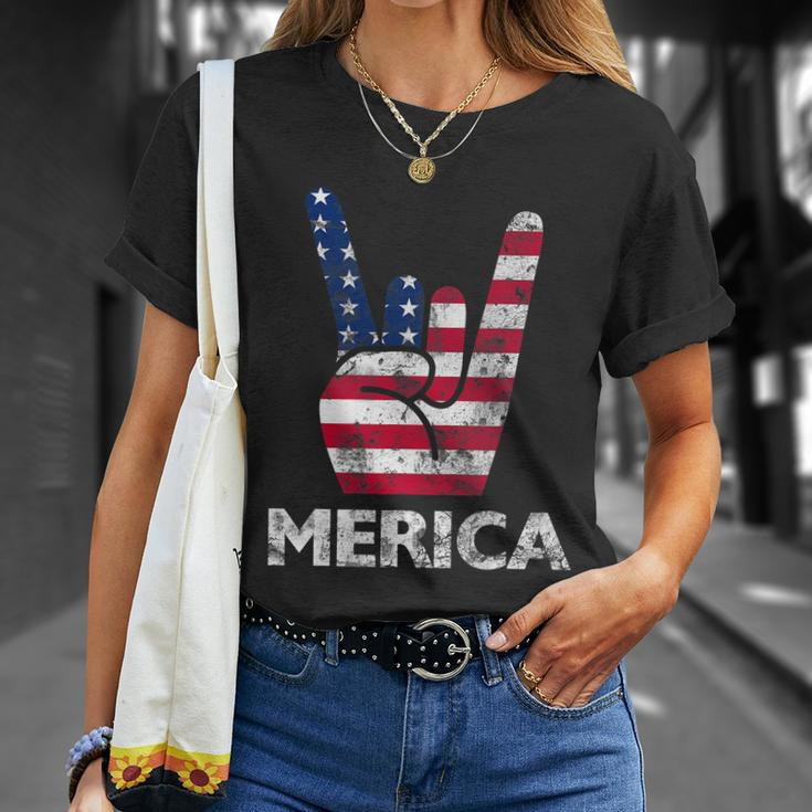 Retro Usa 4Th Of July Vintage American Flag Merica Rock Sign Unisex T-Shirt Gifts for Her