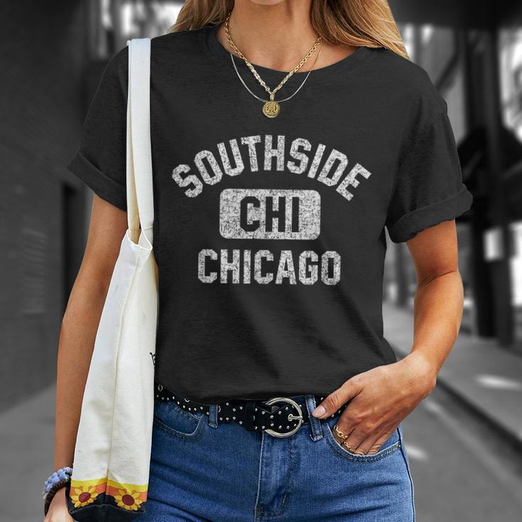 Southside Chicago Chi Gym Style Distressed White Print Unisex T-Shirt Gifts for Her