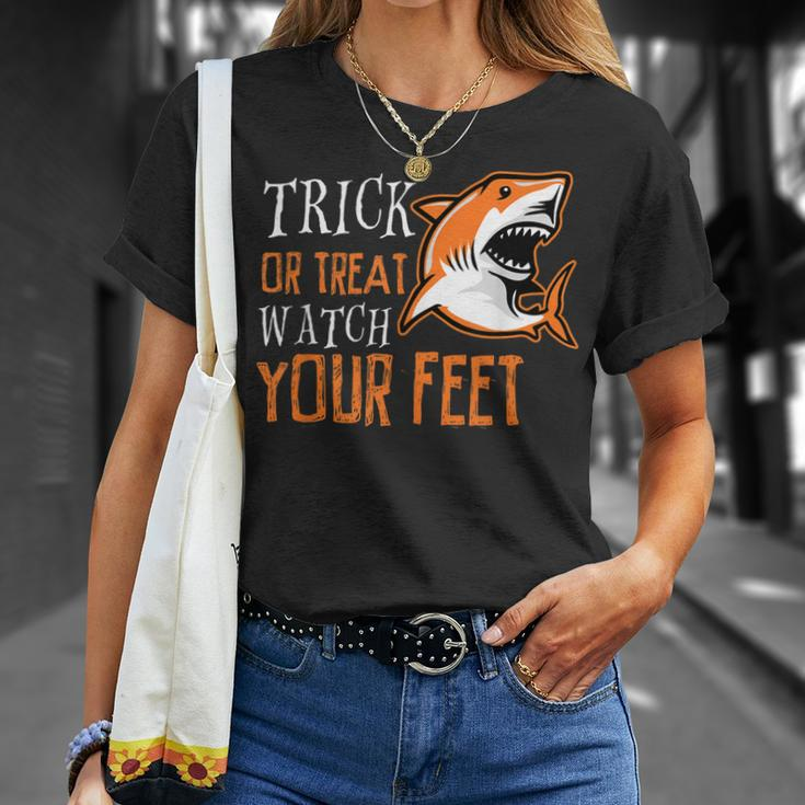 Trick Or Treat Shark Watch Your Feet Halloween Unisex T-Shirt Gifts for Her