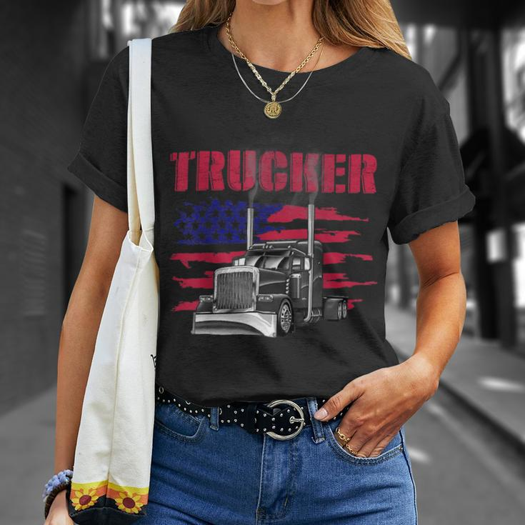 Trucker Truck Driver American Flag Trucker Unisex T-Shirt Gifts for Her