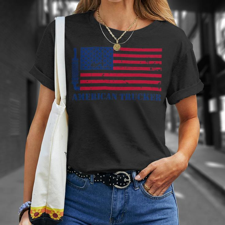 Trucker Truck Driver American Flag With Exhaust American Trucker Unisex T-Shirt Gifts for Her