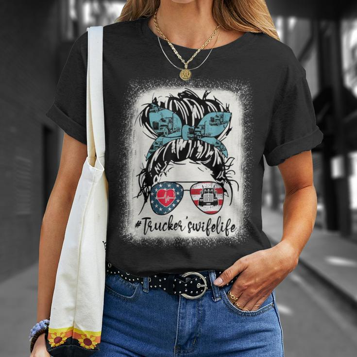 Trucker Trucker Wifes Life Bleached Shirt Messy Bun Hair Unisex T-Shirt Gifts for Her