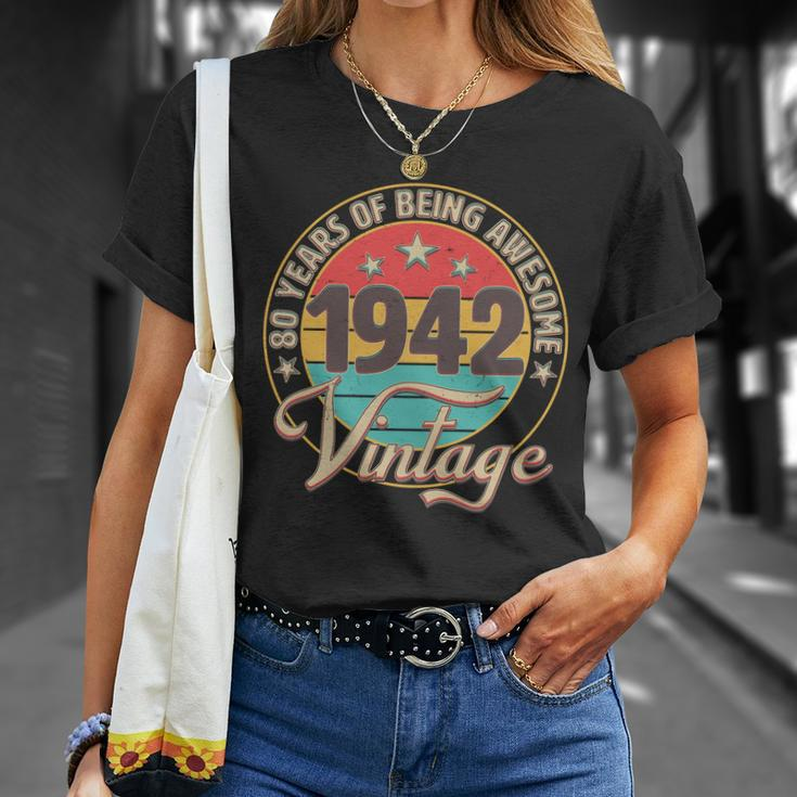 Vintage 1942 Birthday 80 Years Of Being Awesome Emblem Unisex T-Shirt Gifts for Her