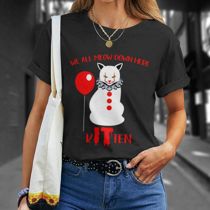 We All Meow Down Here Kitten Halloween Quote Unisex T-Shirt Gifts for Her