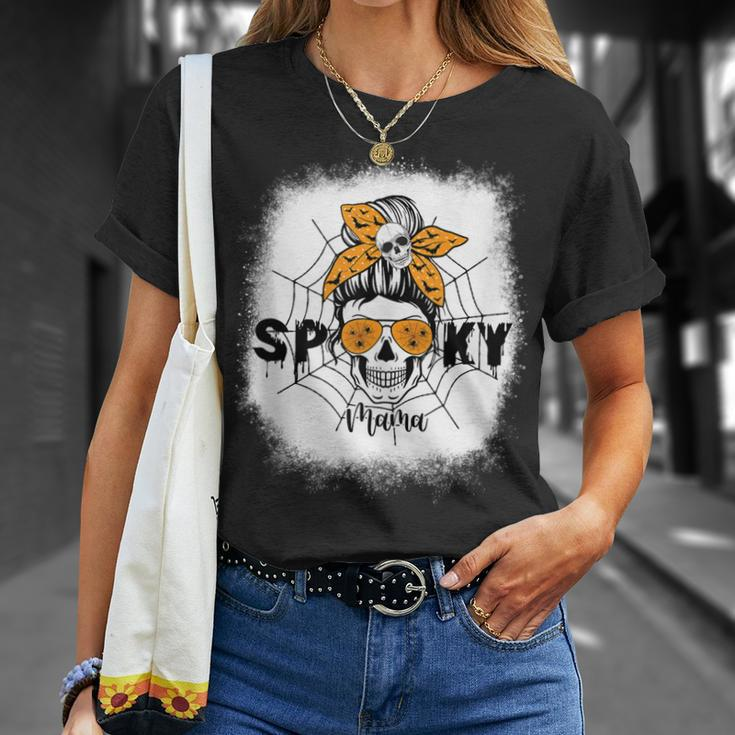 Women Spooky Mama Halloween Skull Messy Bun Witch Mom Unisex T-Shirt Gifts for Her