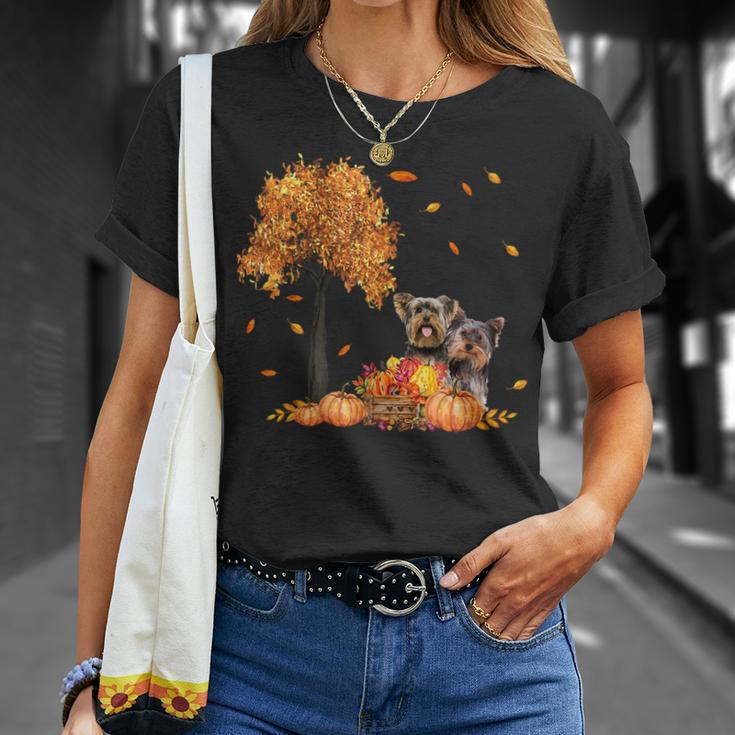 Yorkies Autumn Leaf Fall Dog Lover Thanksgiving Halloween Unisex T-Shirt Gifts for Her