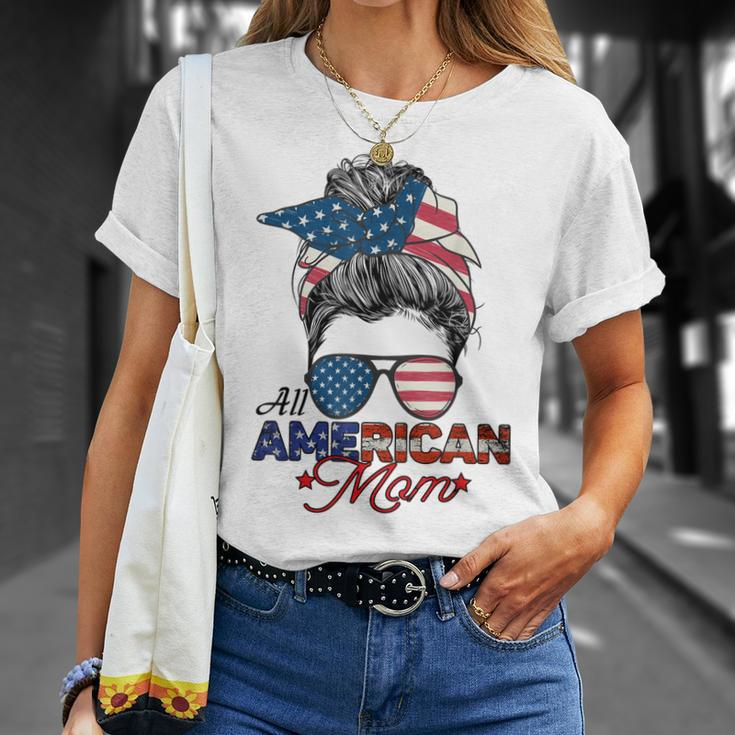 All American Mom 4Th July Messy Bun Us Flag Unisex T-Shirt Gifts for Her