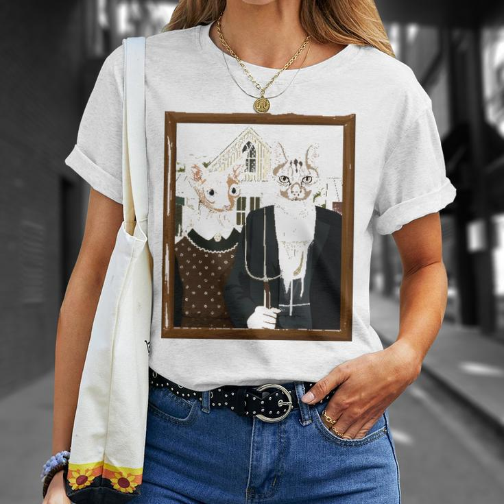 Funny American Gothic Cat Parody Ameowican Gothic Graphic Unisex T-Shirt Gifts for Her