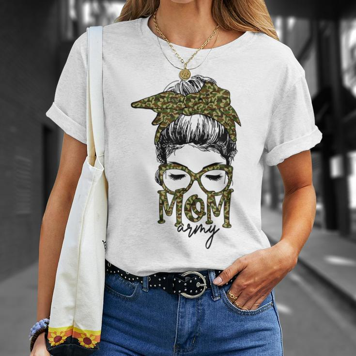 Funny Army Mom Messy Bun Hair Glasses V2 Unisex T-Shirt Gifts for Her