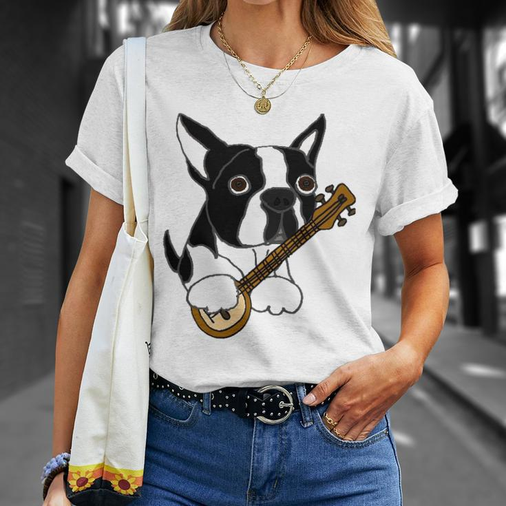 Funny Boston Terrier Dog Playing Banjo Unisex T-Shirt Gifts for Her