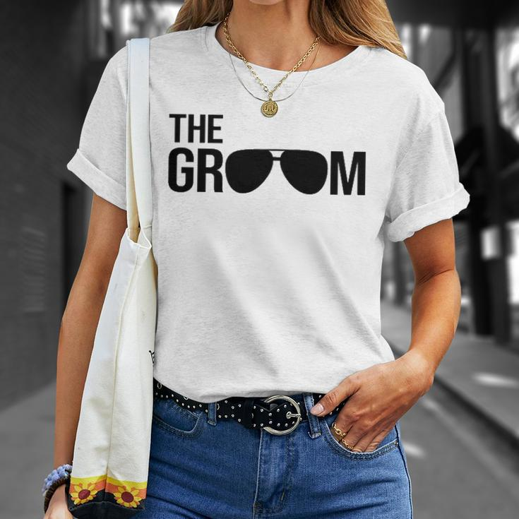 Mens The Groom Bachelor Party Cool Sunglasses White Unisex T-Shirt Gifts for Her