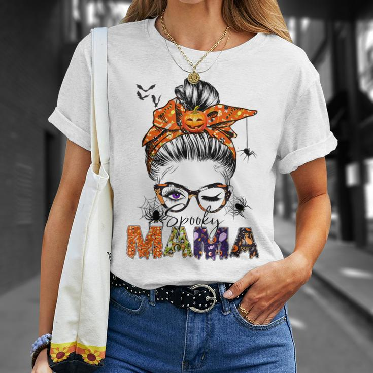 One Spooky Mama For Halloween Messy Bun Mom Monster Bleached V2 Unisex T-Shirt Gifts for Her