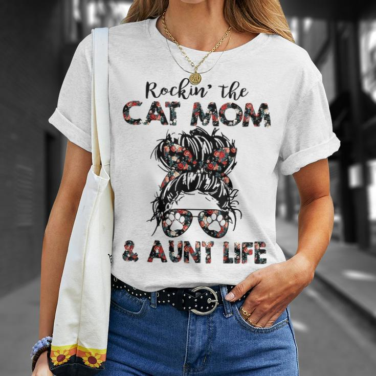 Rockin The Cat Mom & Aunt Life Messy Bun Hair Glasses Paws T-shirt Gifts for Her