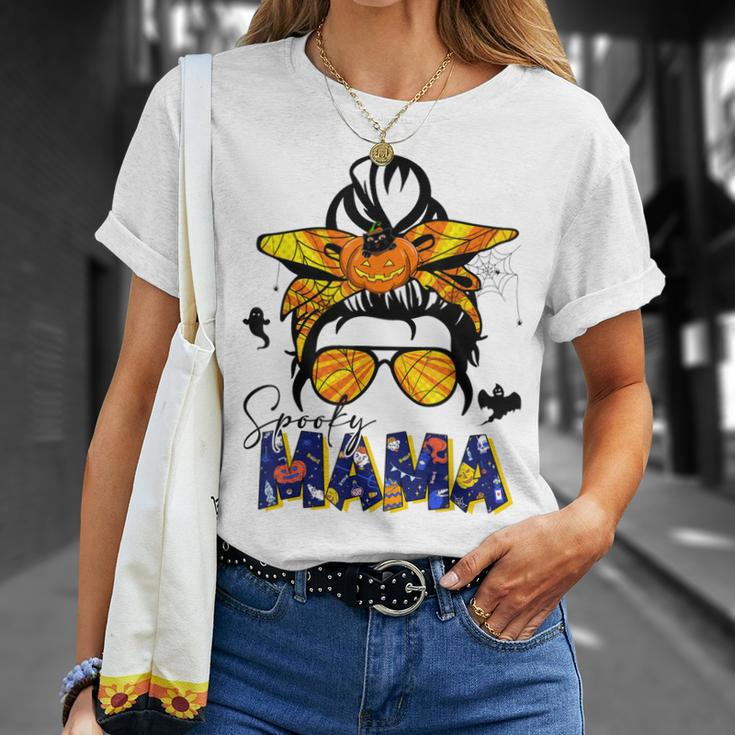 Spooky Mama Halloween Messy Bun Skull Mom Monster Bleached Unisex T-Shirt Gifts for Her