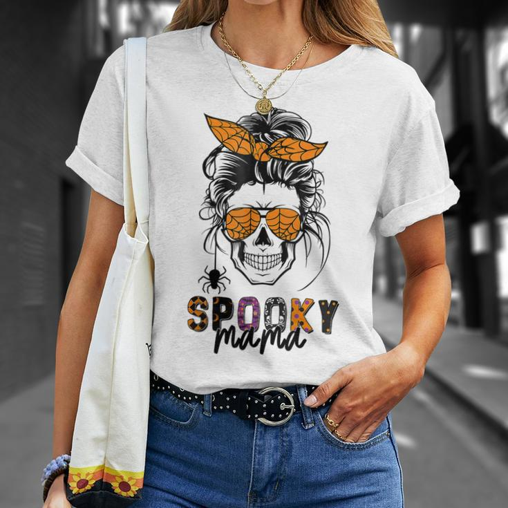 Spooky Mama Skull Halloween Womens Messy Bun Witch Unisex T-Shirt Gifts for Her