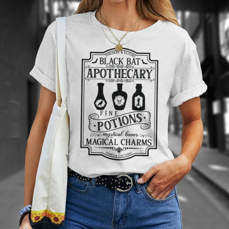 Vintage Halloween Sign Black Bat Apothecary Men Women T-shirt Graphic Print Casual Unisex Tee Gifts for Her