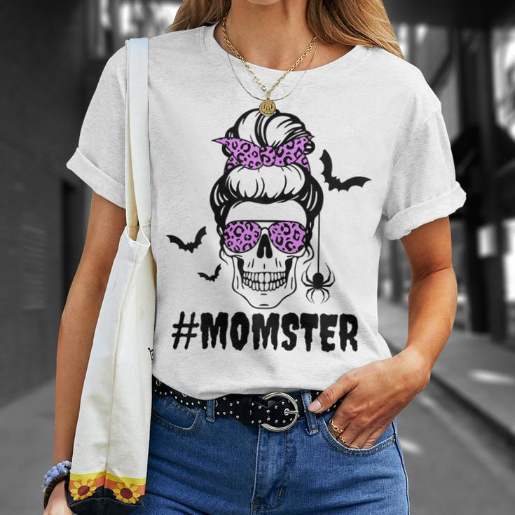 Womens Momster Funny Halloween Costume Skull Mom Messy Bun Unisex T-Shirt Gifts for Her