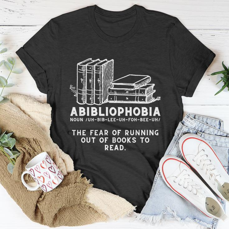 Abibliophobia Cool Gift Funny Reading Bookworm Reader Gift Unisex T-Shirt Unique Gifts